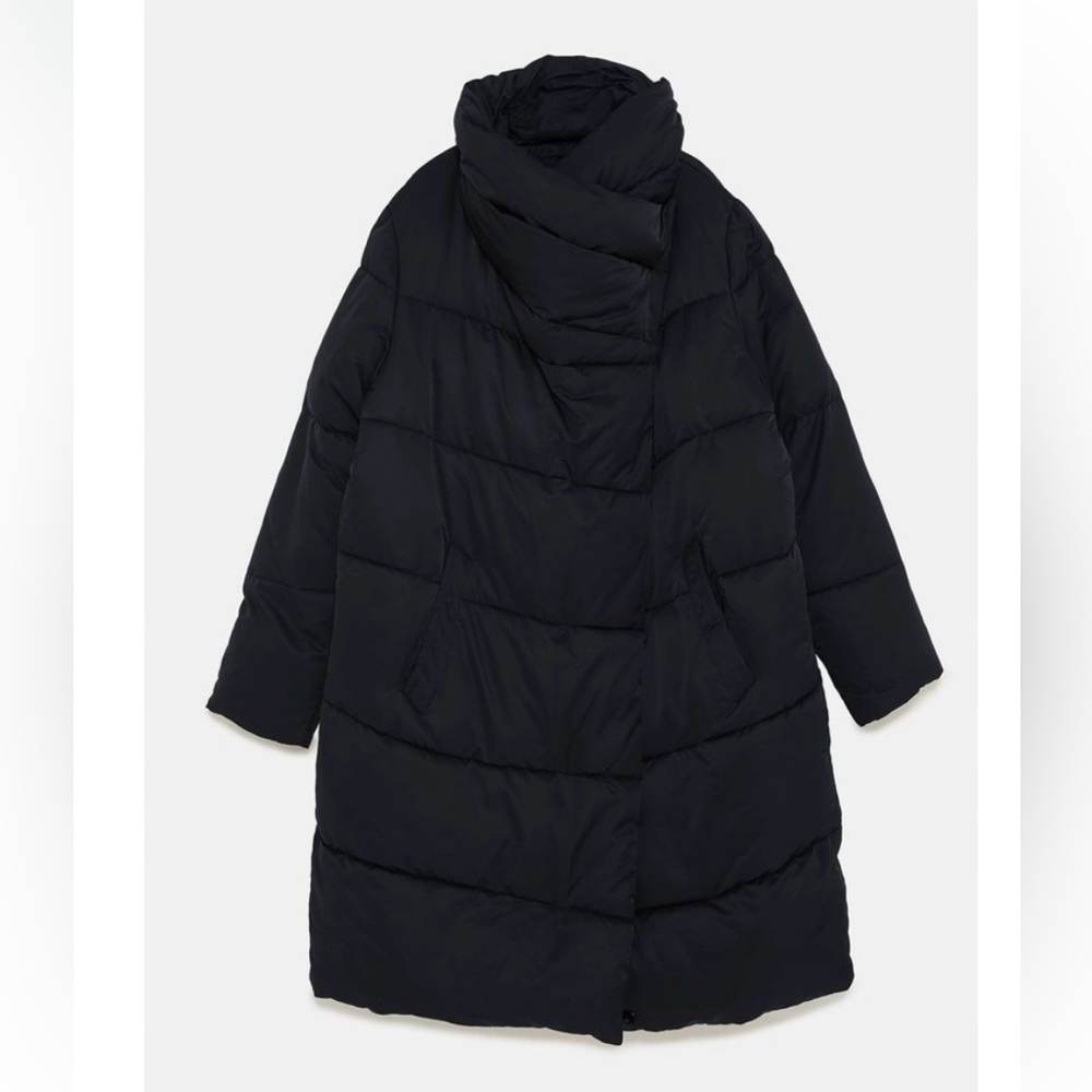 Zara quilted puffer coat with a wrap collar-Black